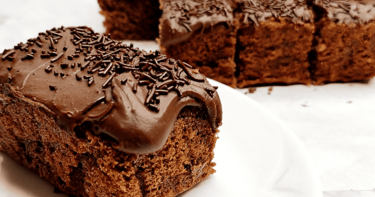 chocolate school cake with icing and sprinkles