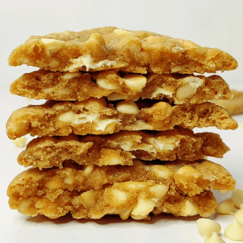 white chocolate chip macadamia nut cookies stacked