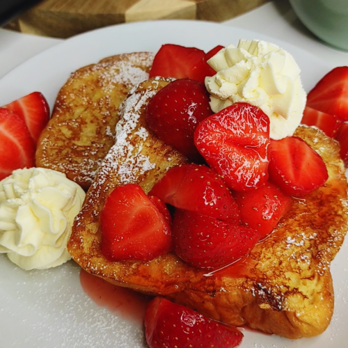 brioche french toast with strawberries and cream